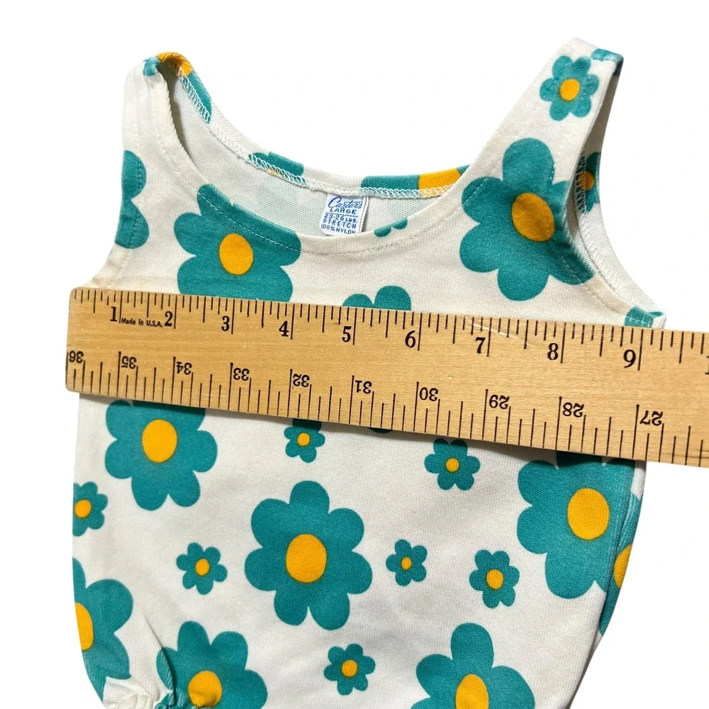 Vtg Carters Baby Swimsuit Teal Yellow Daisy Floral Stretch sz L 18 Months‎ Retro